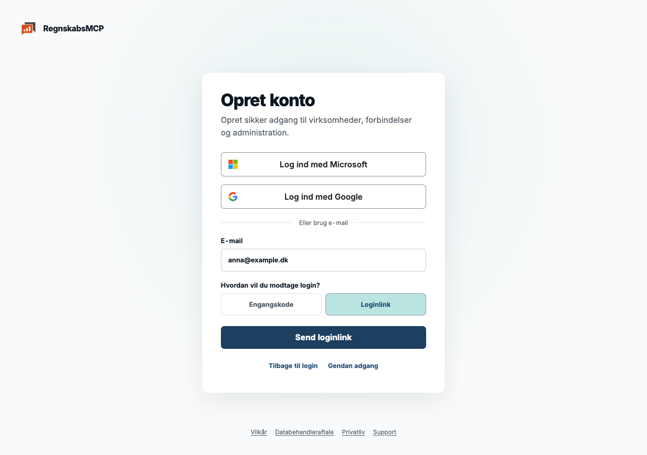Opret konto med personlig e-mail og loginlink