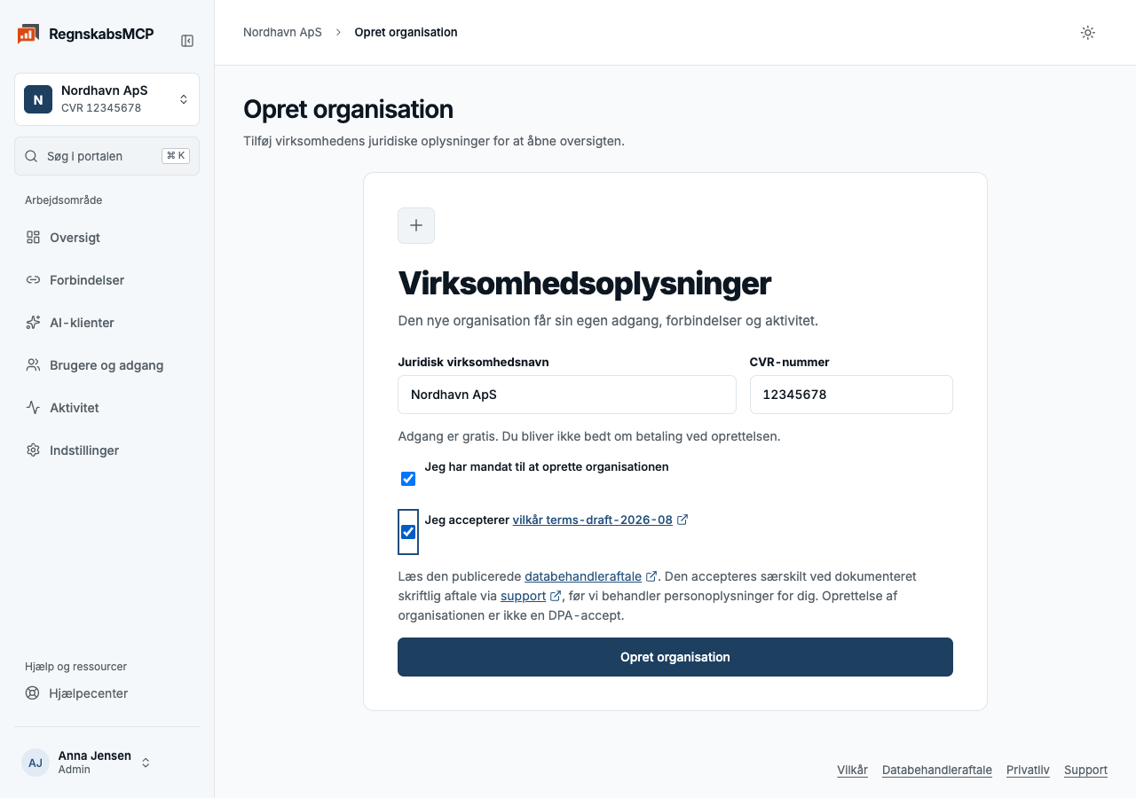 Formular til juridisk selskabsnavn, CVR og mandat i det nye dashboard