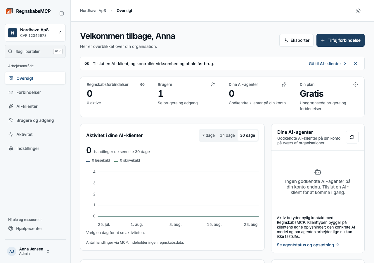 Organisationens dashboard med næste trin til at forbinde regnskabet
