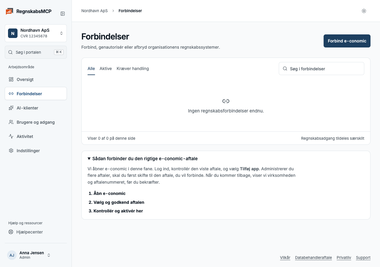 Forbindelser med knappen Forbind e-conomic i det nye dashboard