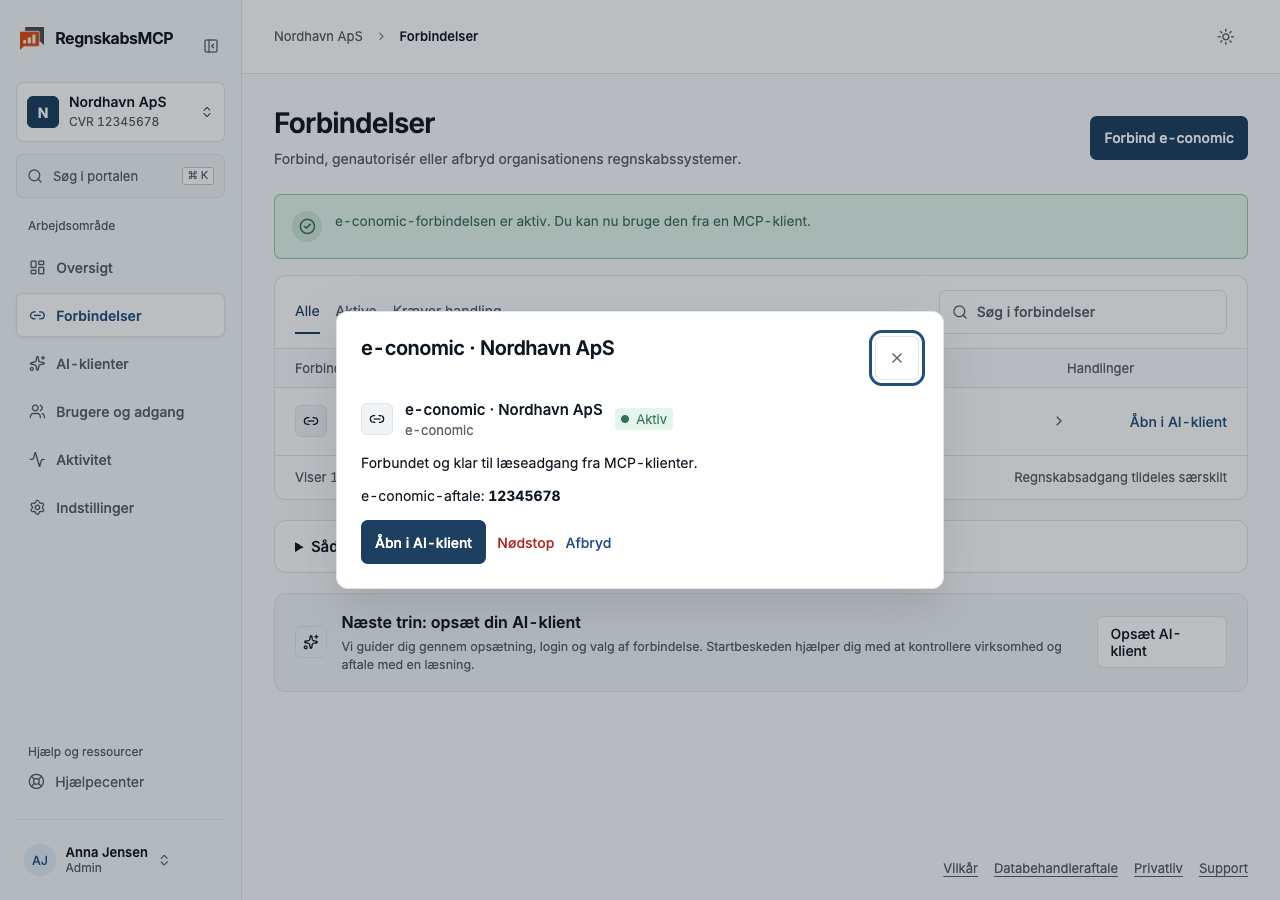 Aktiv e-conomic-forbindelse med virksomhedsoplysninger og genvej til AI-opsætning