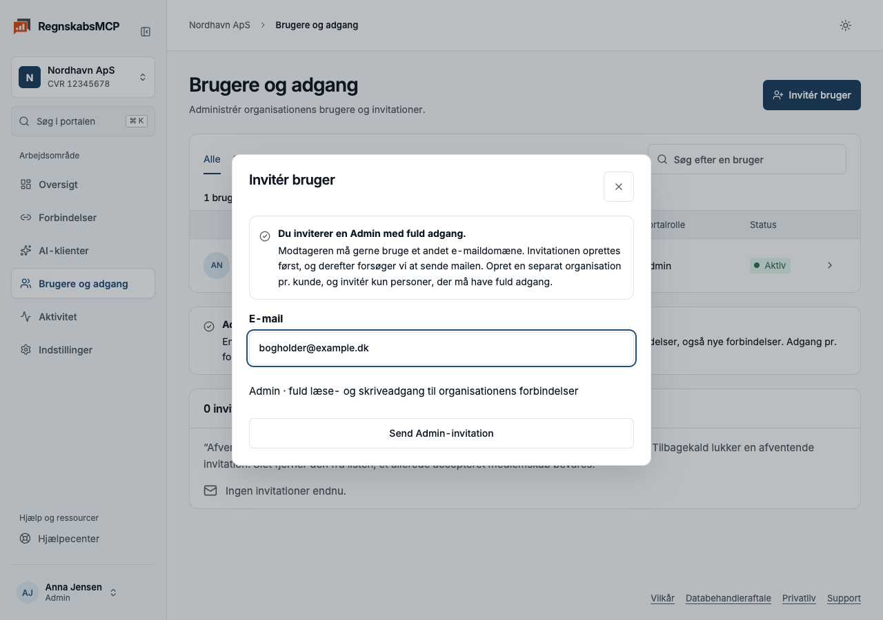 Invitationsformular åbnet som dialog fra Brugere og adgang
