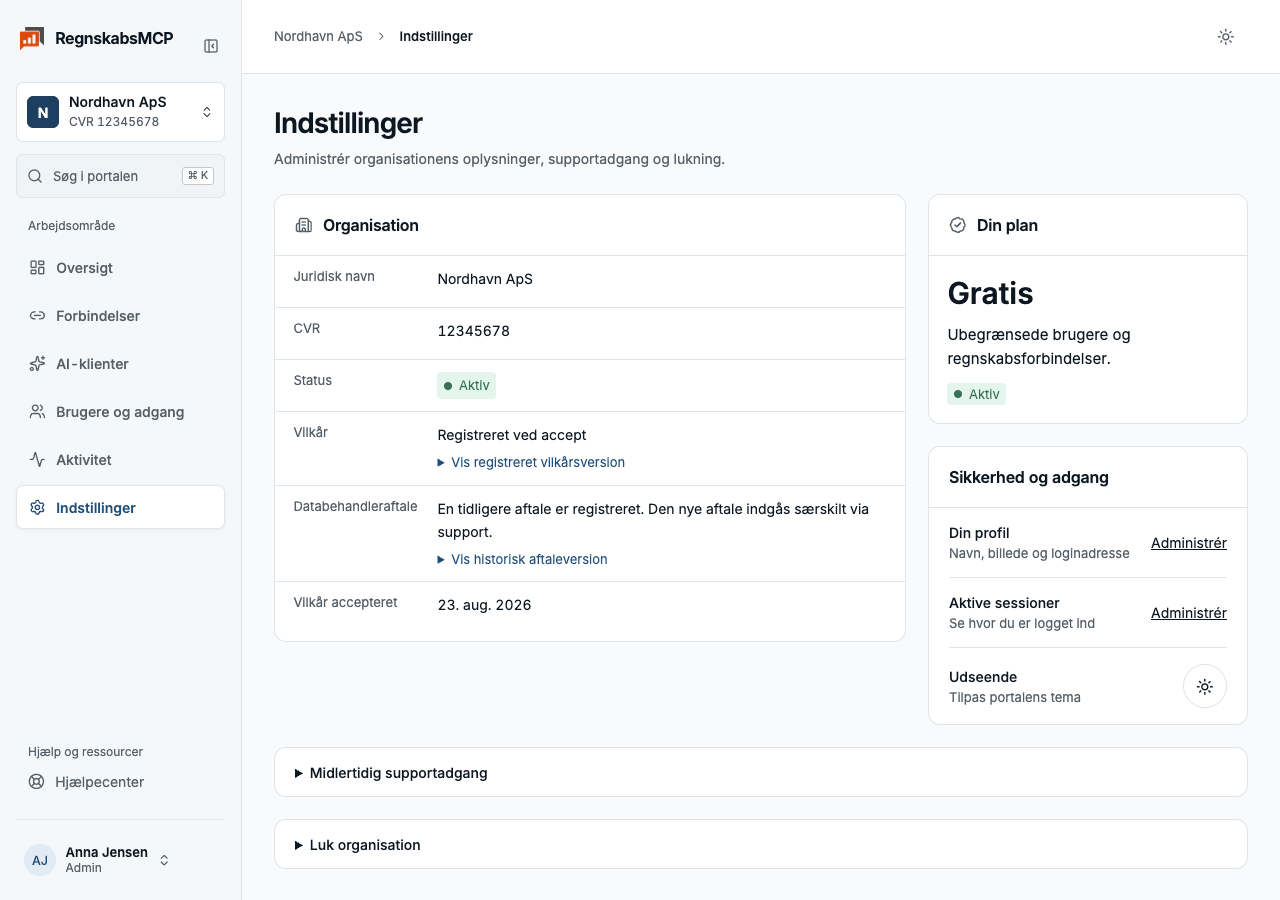 Indstillingsside med gratis plan, fiktivt selskab og aftalestatus.