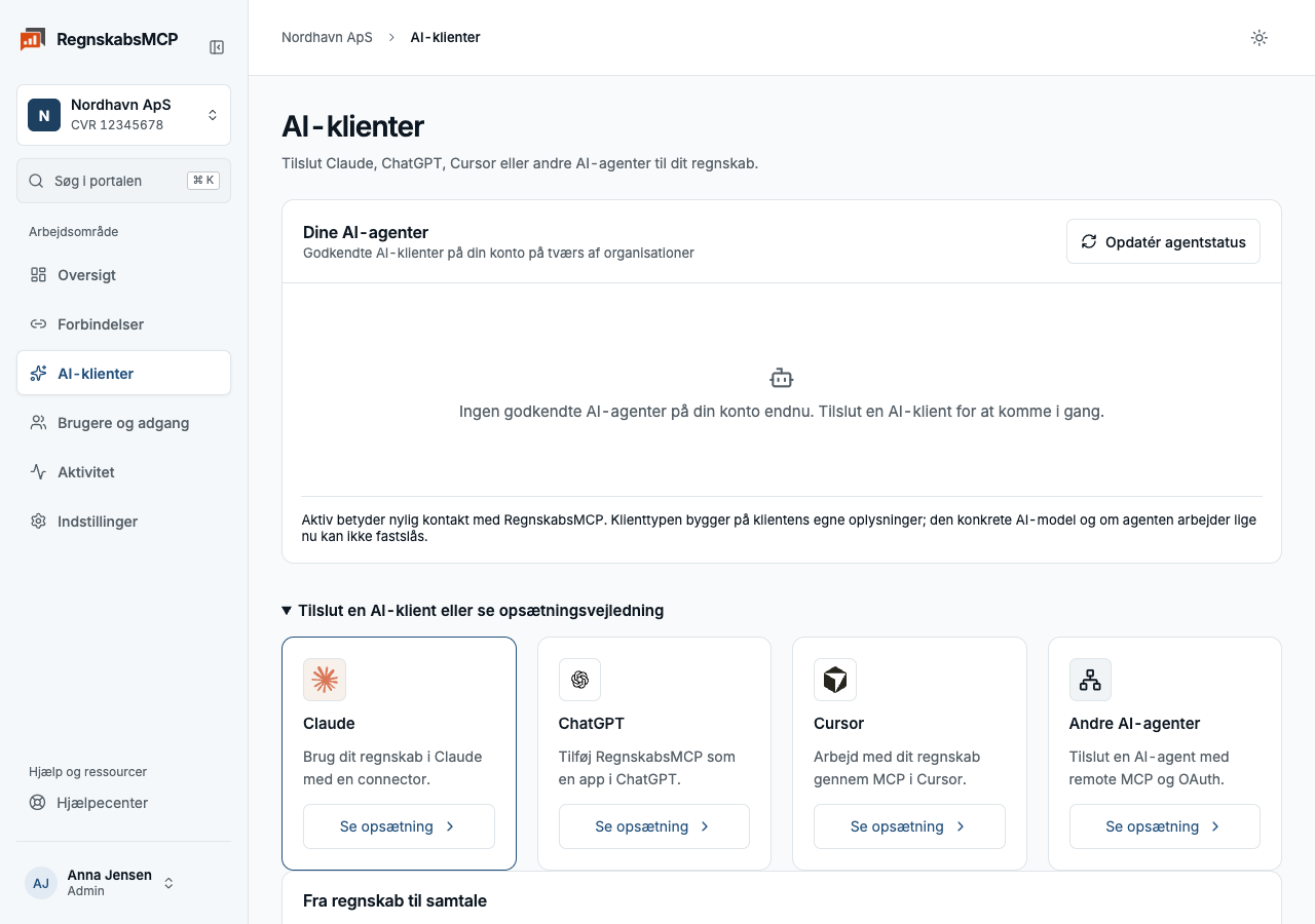 AI-klienter med en tom agentliste og de fire opsætningsvalg.